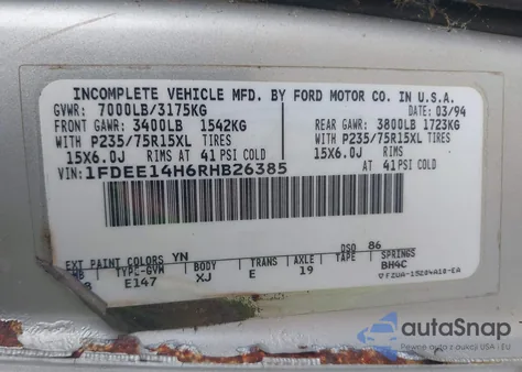 1994 Ford Econoline E150 Van from USA, damaged, VIN 1FDEE14H6RHB26385